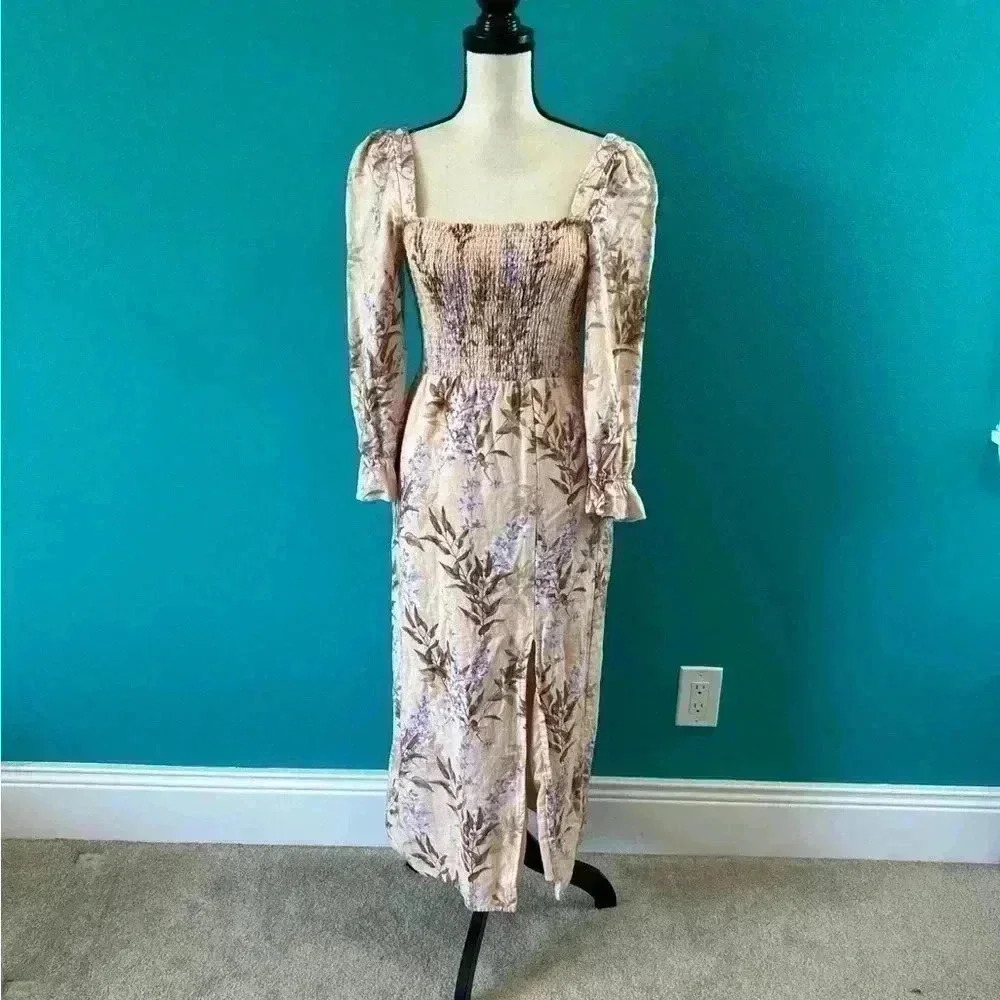 House of Harlow Peach Linen Blend Smocked floral Peasant Maxi Dress in size XS